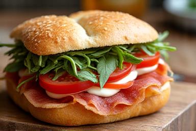 Panino artigianale con prosciutto, mozzarella e verdure fresche