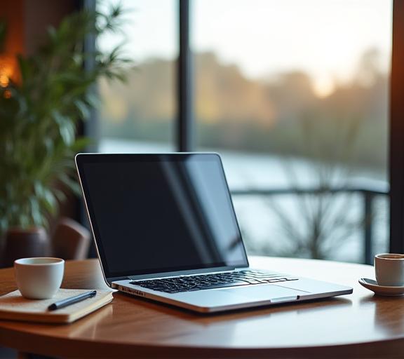 Postazione lavoro con laptop in cafe con vista fiume per assistenti virtuali