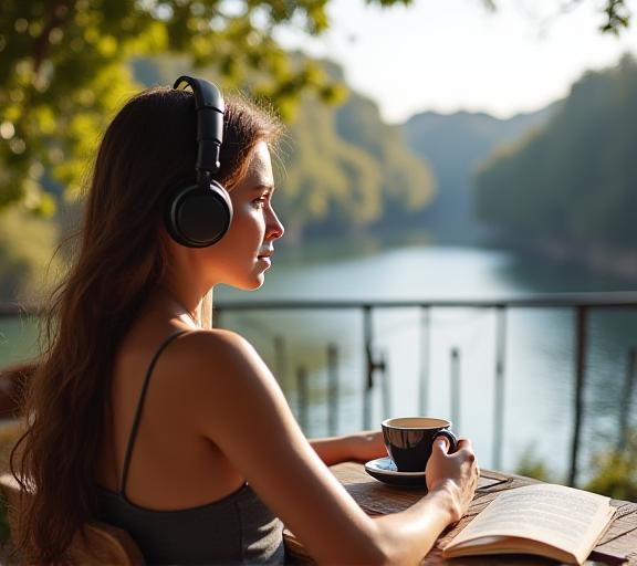Persona con cuffie che lavora con caffè sulla terrazza vista Tevere