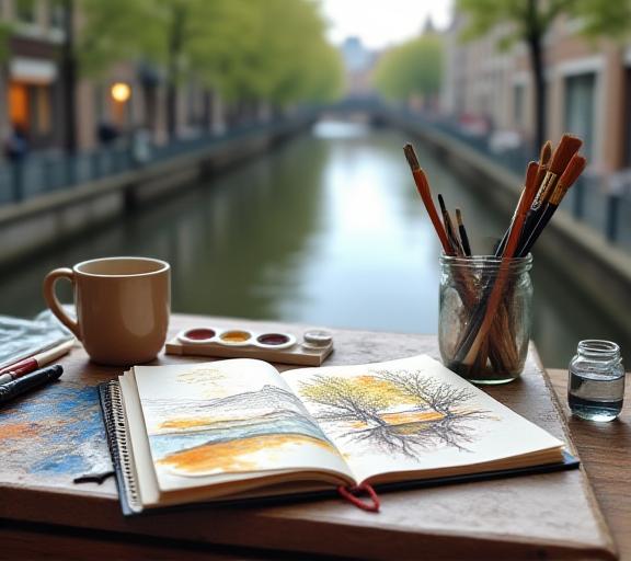 Quaderno sketch con acquerelli su tavolo di cafe vista fiume Tevere